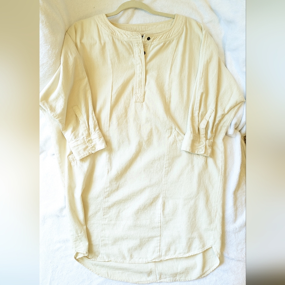 Cream canvas smock dress with 3/4 length sleeves